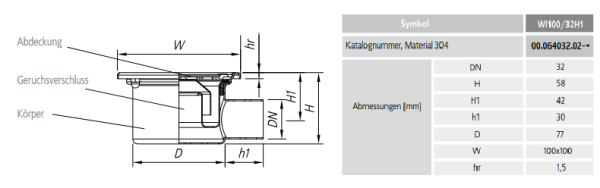 Bathroom drains 100 x100 horizontal DN32 Cerchio V2A